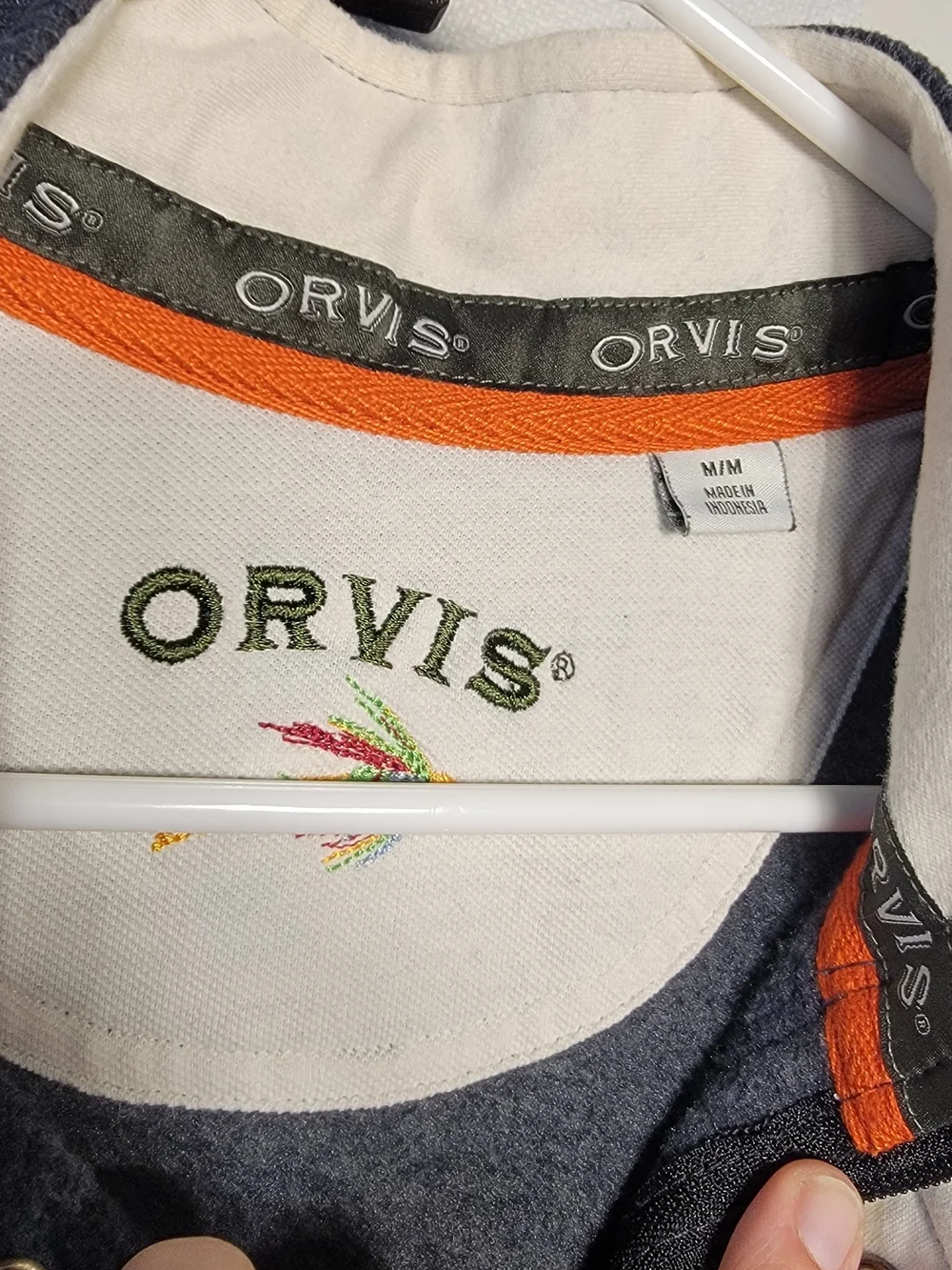 Orvis Gray and Orange Embroidered Collar Pullover